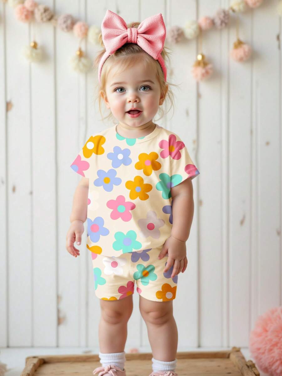 SHEIN 女婴休闲简约圆领短袖T恤和紧身短裤套装，适合春夏季 - 彩色 - 查看 1