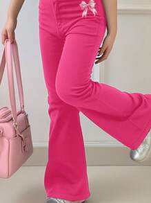 SHEIN Tween Girls' Casual Minimalist Round Neck Short Sleeve Pants 2 Pieces Set, Summer Outfit - Hot Pink - View 4