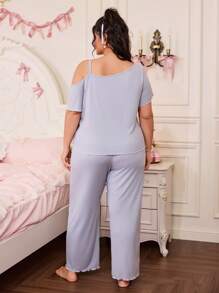 SHEIN Plus Size Solid Color Fashionable Pajamas Set, Suitable For Summer - Baby Blue - View 2