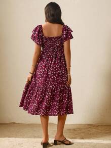 SHEIN Maternity Casual Fully Allover Print Ruffle Hem Dress - Burgundy - View 2