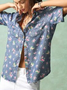 Bohemela 修身女式夏季波西米亚风牛仔印花翻领短袖衬衫，适合音乐节、复活节休闲装 - 藍色 - 查看 6