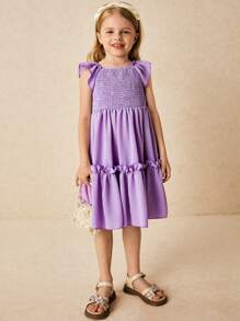 SHEIN Young Girls & Elegant Purple Ruffle Sleeve Shirred Dress - Purple - View 3