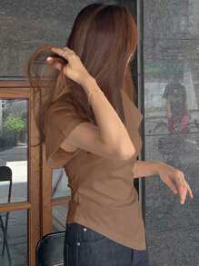 DAZY Women Close-Fitting Asymmetric Hem Cinched Waist T-Shirt Short Sleeve Top - Brown - View 4