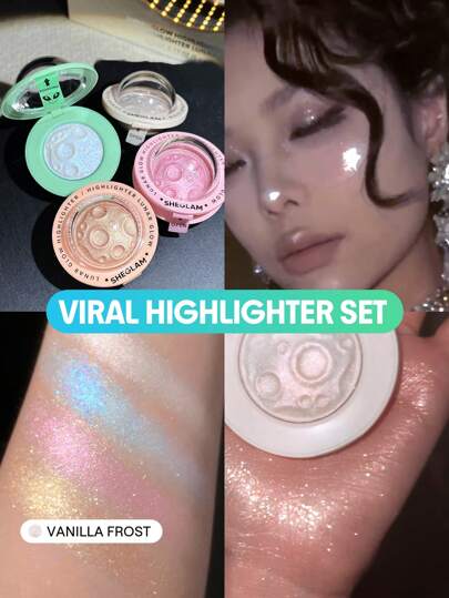 مجموعة هايلايتر Lunar Glow بودرة هايلايتر بلمسة نهائية شديدة اللمعان بلون أزرق مخضر عاكس للضوء مكياج وجه متعدد الاستخدامات علامة تجارية جمال مكياج مستحضرات تجميل للنساء الفتيات مثالي لفصل الشتاء مثالي ل- Y2K أزياء أنيقة هدية حفلة جاهز أفضل لون