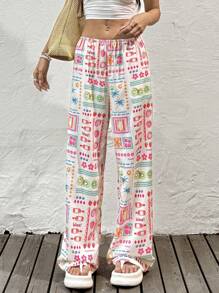 SHEIN EZwear 女士花卉印花松紧腰阔腿宽松度假裤 - 彩色 - 查看 5