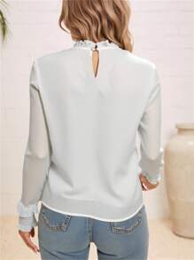 女士优雅简约荷叶边领长袖衬衫 - 白色 - 查看 2