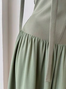 SHEIN Unity Plus Size Fashion Spaghetti Strap Dress For Women, Chic Waist Patchwork French Chiffon Summer Long Dress - Army Green - View 3