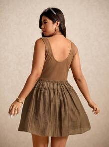 Elaquor Plus Size Women Casual Frill Trim Round Neck Sleeveless Dress - Coffee Brown - View 2