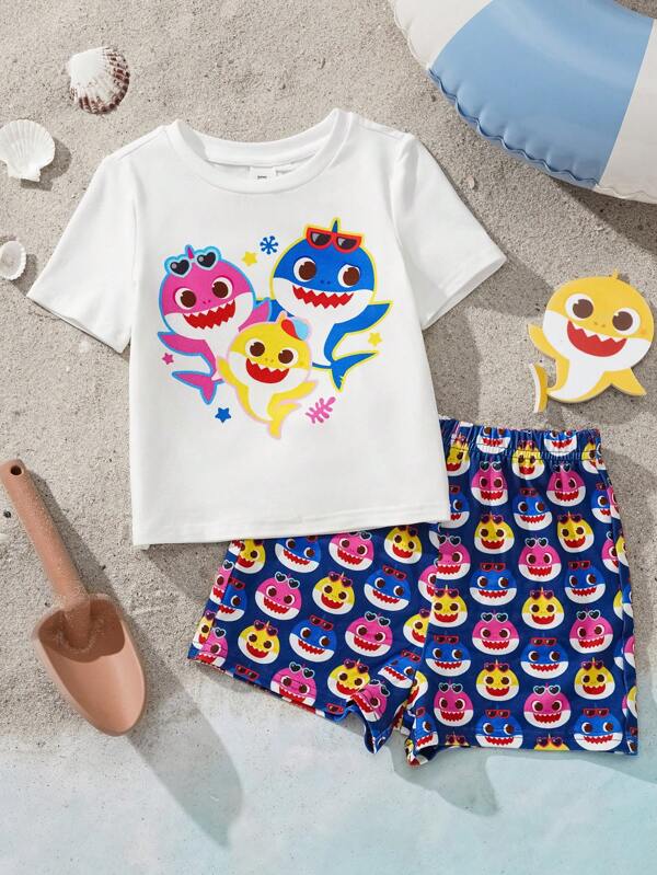 BABY SHARK X SHEIN Baby Boy Summer Vacation Shark Print White Casual Matching Short Sleeve T-Shirt And Loose Shorts Set
