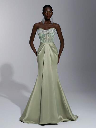 Elitara 优雅奢华白色人造珍珠性感修身美人鱼长裙，适合婚礼、节日、正式活动、女士晚礼服、新娘