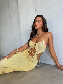 Aloruh Váy len buộc cổ màu vàng nhạt thanh lịch cho nữ - Màu vàng - Xem 8