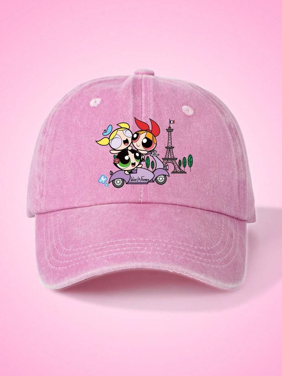 THE POWERPUFF GIRLS X SHEIN Pink Basic Baseball Cap With Blossom, Bubbles, Buttercup Print - Pink - View 1