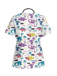PopScrub Dinosaur Print V-Neck Short Sleeve Casual Minimalist Scrub Uniform Top, Summer - Multicolor - View 2