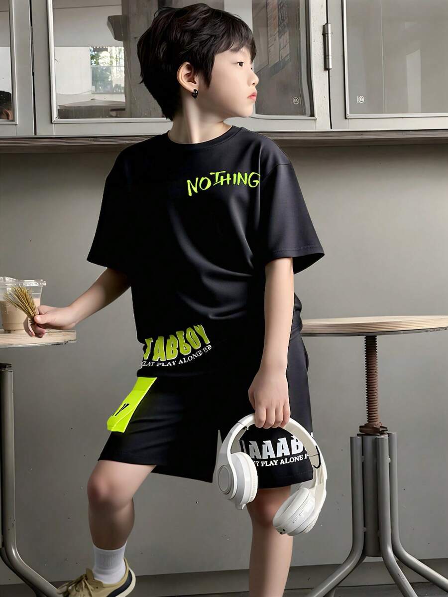 SHEIN 2pcs Set: Boys Casual Sports Round Neck Drop Shoulder Short Sleeve Letter Print T-Shirt & Elastic Waist Shorts, Summer - Black - View 1
