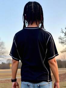 SHEIN Tween Boys Casual Short Sleeve T-Shirt, Sports Streetwear Punk Rock Preppy Style For Everyday, Parties, Music Festivals, Suitable For Spring/Summer - Black and White - View 2