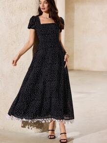 Femmeiva Polka Dot Bow Decor Tassel Colorblock Chiffon Bubble Printing Short Sleeve Dress Boho Vacation Fashionable Style All Over Print For Summer - Black and White - View 3