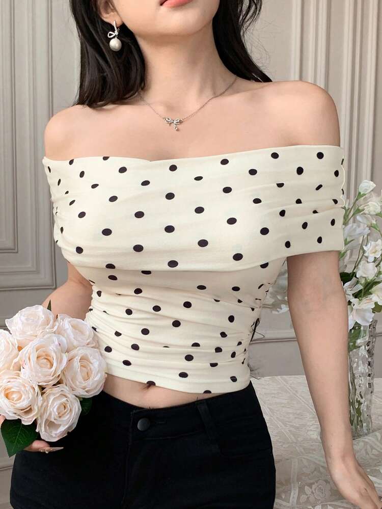 Women's Polka Dot Print Slim-Fit Off Shoulder Tight-Fitting Blouse T-Shirt