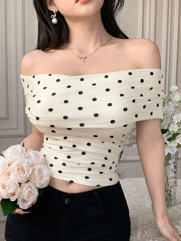Blusa/Camiseta ajustada de hombros descubiertos con estampado de lunares para mujer - Albaricoque - Añade 1