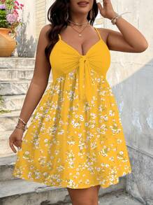 SHEIN VCAY 大码女式碎花前结吊带无袖宽松沙滩裙 - 黃色 - 查看 2