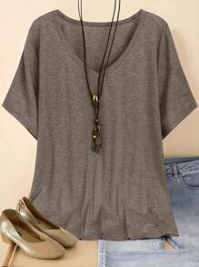 Plus Size Women V-Neck Short Sleeve Solid Color T-Shirt, Summer - Coffee Brown - View 1