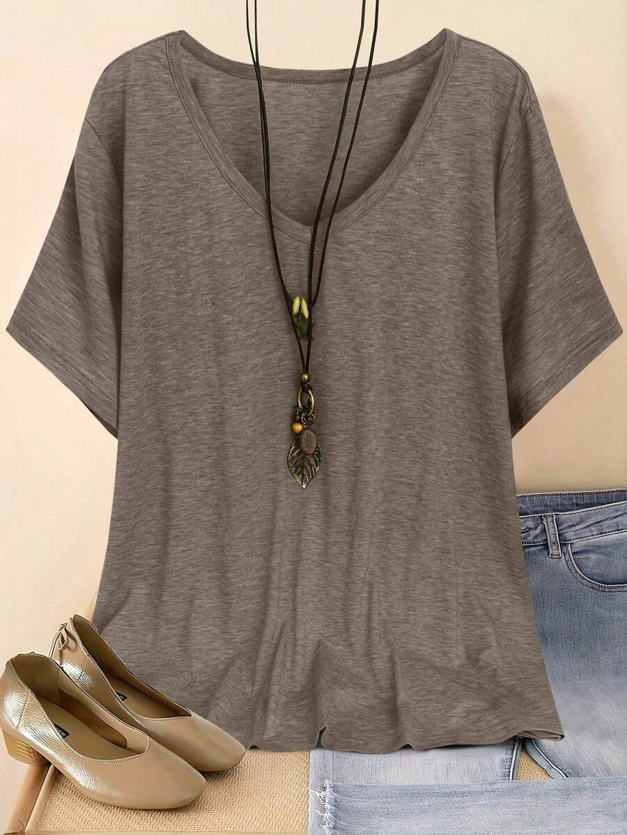 Plus Size Women V-Neck Short Sleeve Solid Color T-Shirt, Summer - Coffee Brown - View 1