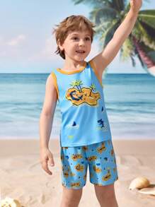Shark Week X SHEIN Young Boy Summer Casual Vacation Shark Print Tank Top And Shorts Set - Multicolor - View 7