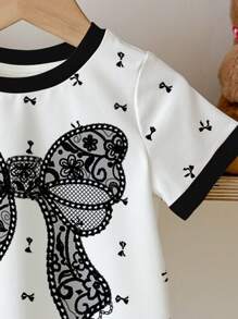 SHEIN Happikins Cute Bow Print Young Girl Casual Round Neck Short Sleeve T-Shirt, Suitable For Summer - Multicolor - View 5