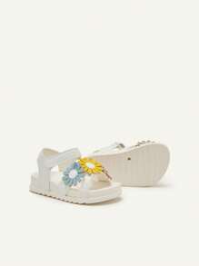 Cozy Pixies 1 par de sandalias planas de verano suaves y versátiles con flores 3D para niñas pequeñas, estilo princesa y casual a juego