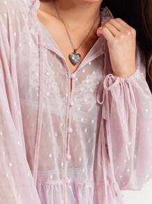 WESTFADE Sheer Dot Mesh Tie Neck Ruffle Peplum Long Sleeve Top - Pink - View 4
