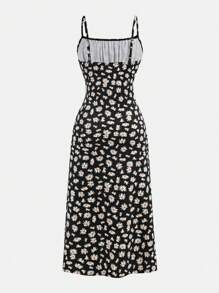 青少年女孩碎花休闲细肩带针织连衣裙 - 黑色 - 查看 2