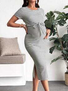 SHEIN Maternity Fashionable Striped Nursing Dress, Suitable For Summer - Black and White - View 3