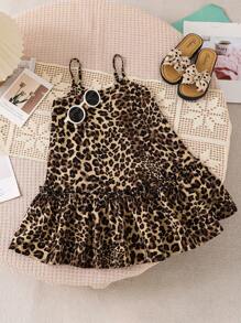 SHEIN Vestido de tirantes estampado de leopardo tejido para niña joven - Caqui - Ver 3
