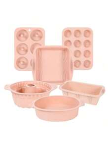 6件套硅胶烘焙用品，不粘硅胶烤盘，蛋糕模具，烤盘，甜甜圈盘，松饼盘，蛋糕盘 - 粉色 - 查看 1