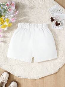 Girls' Oversized Y2K Style Washed White Denim Shorts With Ruffle Waistband And Button Decor, Casual, Versatile And Stylish For Daily Wear