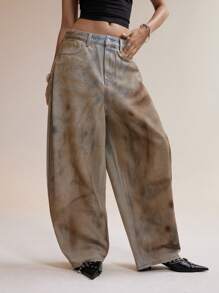 Easelle 女式高腰阔腿做旧复古水洗牛仔裤 - 黃色 - 查看 6