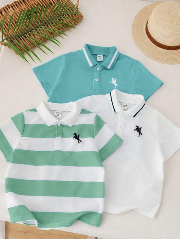 3pcs Kids Boys Casual Sports College Graphic Crew Neck Short Sleeve Polo Shirt Outfit Set, Suitable For Daily Wear, School, Outdoor Activities, Spring And Summer Seasons