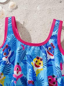 BABY SHARK X SHEIN 年轻女孩卡通鲨鱼印花暑假海滩比基尼套装 - 粉色 - 查看 3