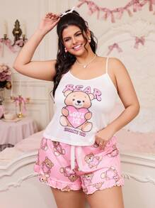 SweetSlumber Plus Size 2pcs Set Cute Cartoon Bear Heart Print Pajamas