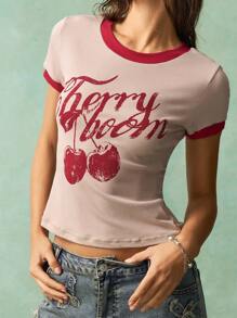 Bohemela 夏季波西米亚风音乐节复活节休闲撞色饰边樱桃印花短袖女式T恤 - 淺粉色 - 查看 5