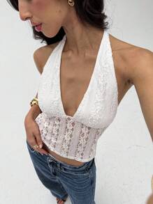 Aloruh Elegant Halter Tie-Up Lace Women Camisole - White - View 4