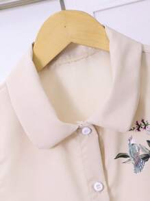 2 件女童杏色无袖花卉印花衬衫和阔腿裤套装，舒适休闲度假装，春夏 - 杏色 - 查看 3