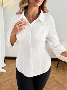 Flirla New White Stylish Fitted Shirt For Women, Patchwork Button Closure, Plus Size - White - View 1
