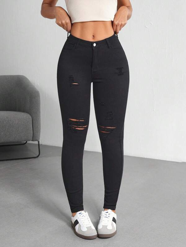 SHEIN Tall Women's Casual Versatile Solid Color Ripped Slim Fit Jeans