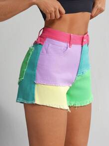 SHEIN Tall Women Casual Contrast Color Pocket Frayed Hem Denim Shorts - Yellow - View 3