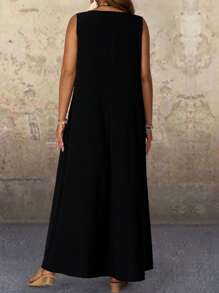 EMERY ROSE 大码无袖撞色花卉印花连衣裙，休闲度假风格 - 黑與白 - 查看 2