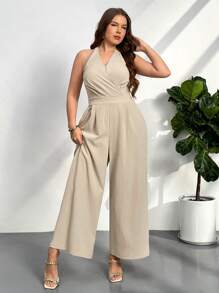 Firerie 大码女式露背卡其色法式度假宽松连体裤，适合度假旅行、休闲职场装 - 卡其色 - 查看 7