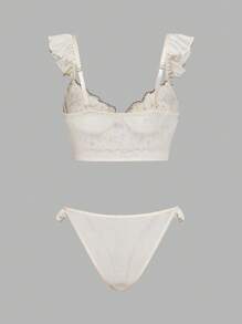 ROMWE Avant Summer Vacation Bohemian Style Embroidery Ruffled Sexy Underwire Bra & Panty Set For Women - Apricot - View 5