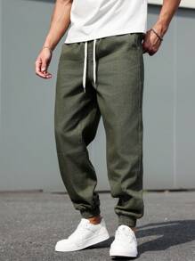 Manfinity Homme 男士休闲抽绳腰锥形牛仔裤 - 軍綠色 - 查看 8