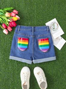 SHEIN Tween Girls Summer Festival Rainbow Print Blue Denim Elastic Skinny Denim Jeans Shorts With Rolled Hem,Tween Girl Summer Casual Shorts Outfits,Girls Beach Boho Vacation Rave Concert Festival Outfits - Light Wash - View 2
