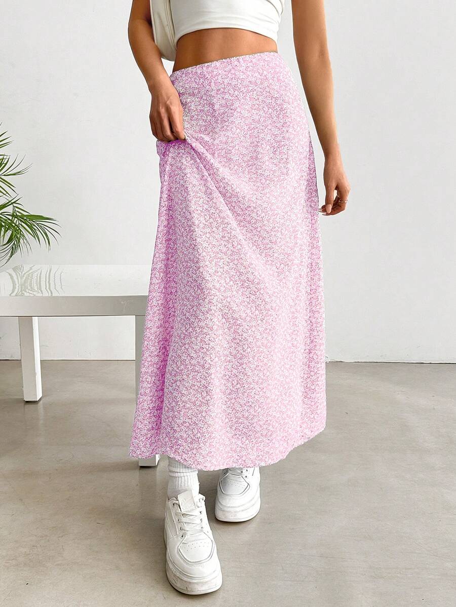 SHEIN EZwear 女士浅粉色高腰长款休闲碎花裙，夏季 - 淺粉色 - 查看 1